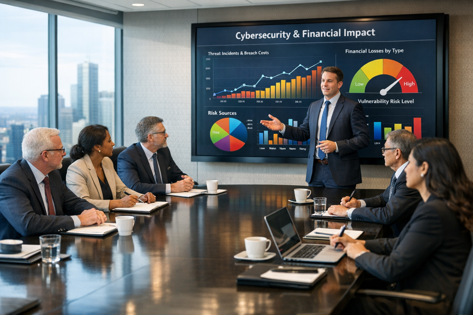 photographic The image depicts a modern boardroom filled with a diverse group of executives engaged in a discussion A large sleek conference table is-1