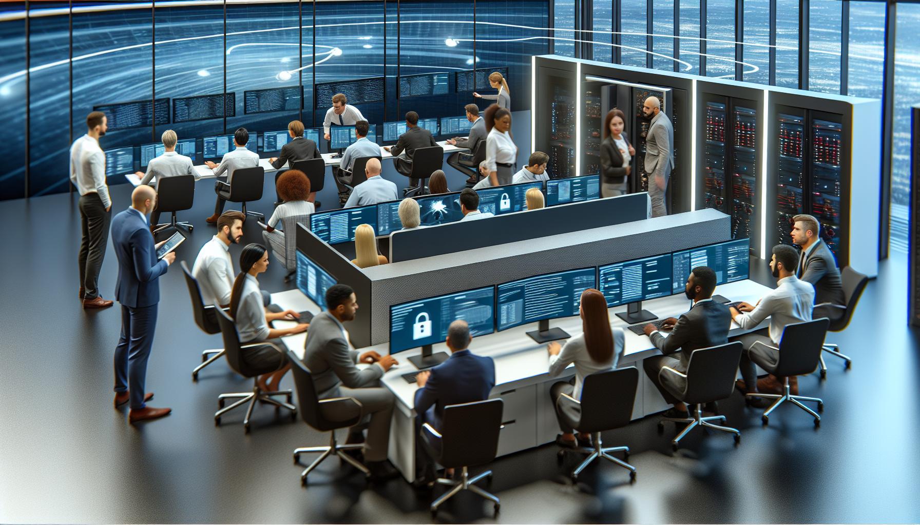 An image of a modern Security Operations Center with analysts, threat researchers, and threat detection and response analysts working together